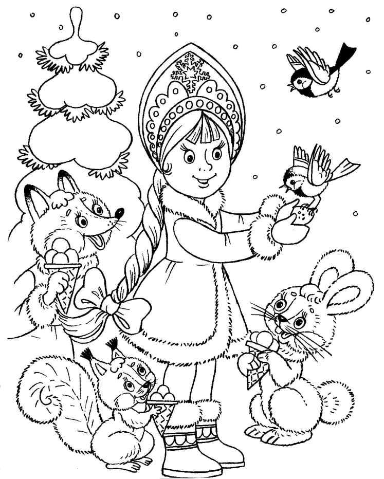 coloriage la fillette et les animeaux de noel